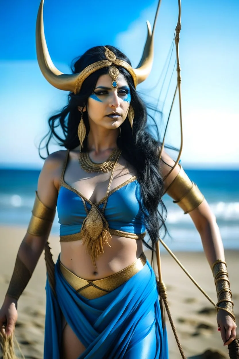 A picture of a blue Indian goddess with painted blue skin, wild black hair, deer antlers, elven ears, golden skirt, holding a bow on a sunny beach