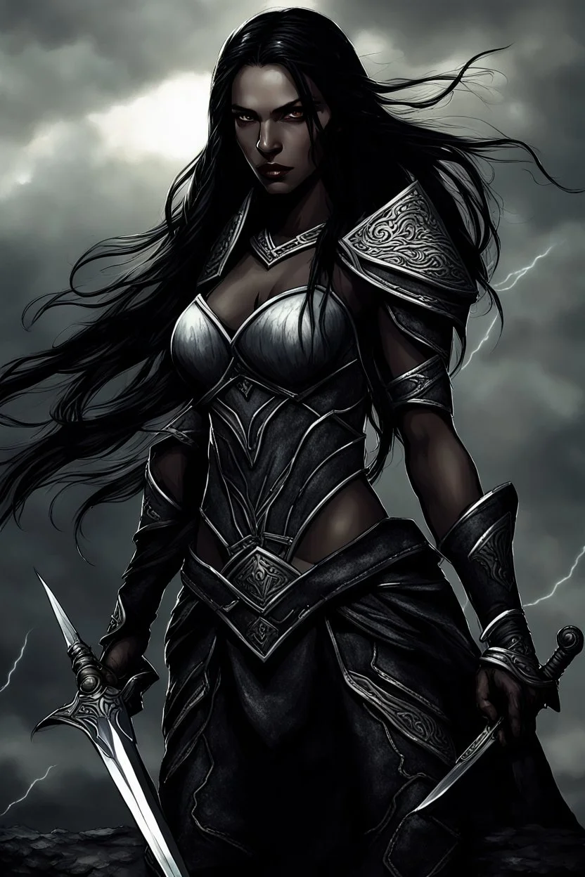 SA female elf with skin the color of storm clouds, deep grey, stands ready for battle. Her long black hair flows behind her like a shadow, while her eyes gleam with a fierce silver light. Despite the grim set of her mouth, there's a undeniable beauty in her fierce countenance. She's been in a fight, evidenced by the ragged state of her leather armor and the red cape that's seen better days, edges frayed and torn. In her hands, she grips two daggers, add dark shadow mystic purple flames