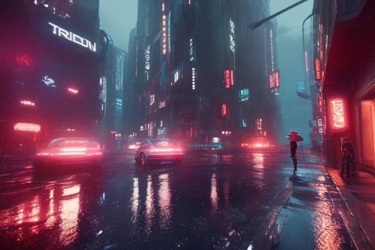 3D, beautiful, light reflecting, empty city at night, rainy night, neon, cyberpunk, tron, person with helmet walking