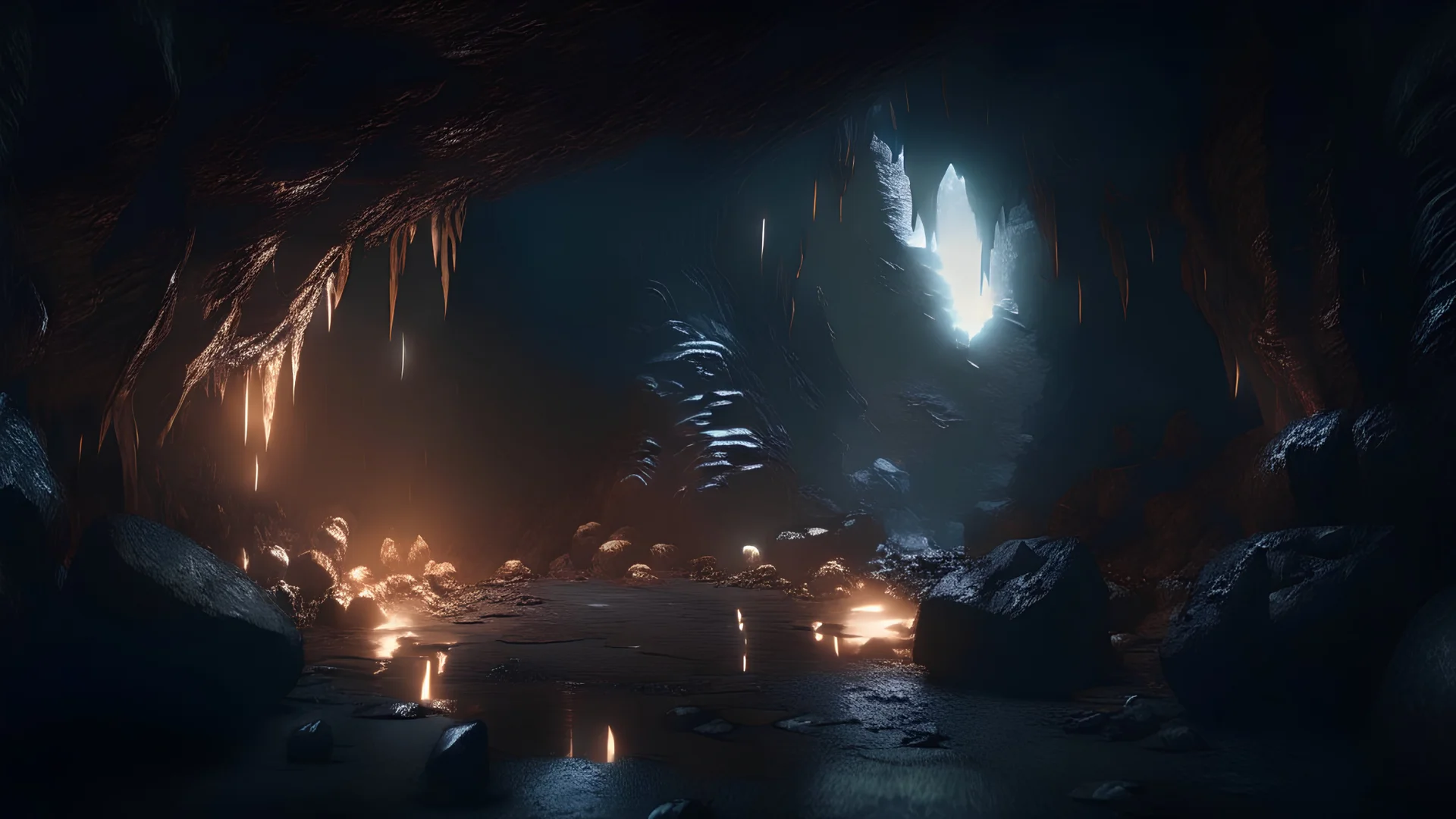 horrific dark cavern, photorealistic, unreal engine 5, masterpiece, trending on artstation