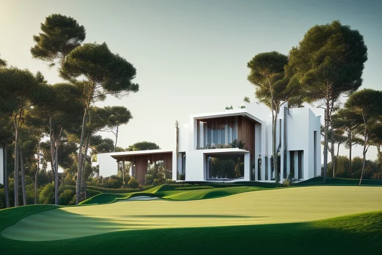 Day in algarve, a modern luxury villas architecture building WITH STRAIGHT LINES AND CANNOPY, white render and wood stripe vertical elements with gold metallic details, overlooking the golf course, hyper realistic 8k ultra render