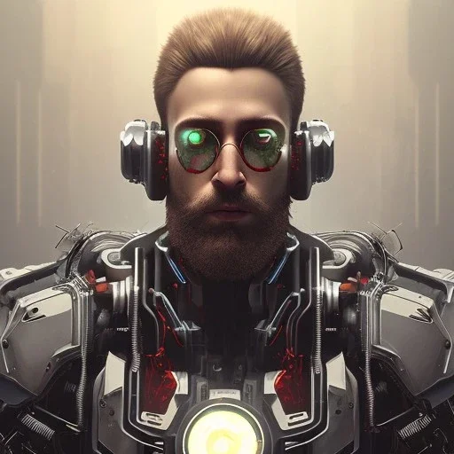 white cyberpunk cyborg men with 3 day beard portait realistic sci fi dirty face and cheap implants focused on face red and white bionic eyes