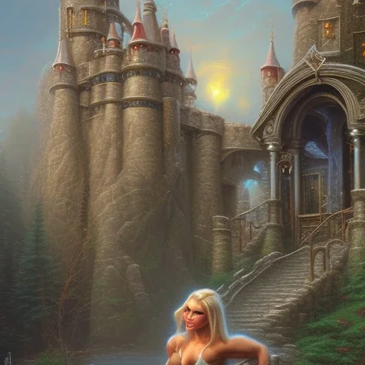 blonde female bodybuilder, castle fortress by thomas kinkade gerald brom whelan