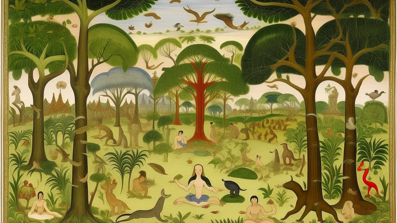 A painting by Giovanni di Paolo of people practicing yoga surrounded by wild animals and lush vegetation.