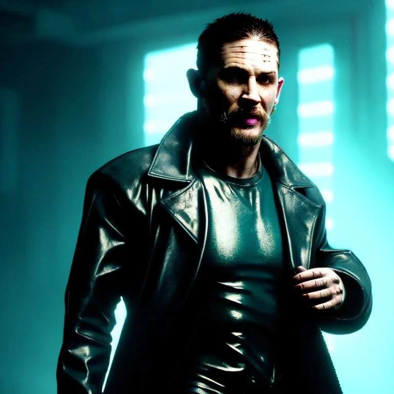 Actor, tom hardy, blade runner style, rain, fog, neon ambient, gradient color, clean skin, circuits, latex coat, cyber punk, neon, tubes, portrait, studio photo, unreal engine 5, smooth color, 16 bit, god lights, ray tracing, RTX, lumen lighting, ultra deatail, volumetric lighting, 3d, finely drawn, hd.