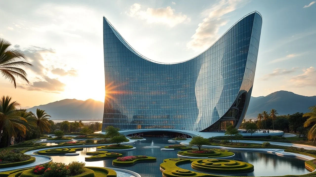 A futuristic skyscraper designed with sweeping gaussian curves, where the entire façade is made of reflective glass. The building rises gracefully toward the sky, with its symmetrical hyperbolic arc creating a sense of balance and elegance. Surrounding the structure are lush gardens and flowing water features that mirror the curves of the building. There are mountains in the distance. Beautiful lighting at sunrise. Award-winning photograph.