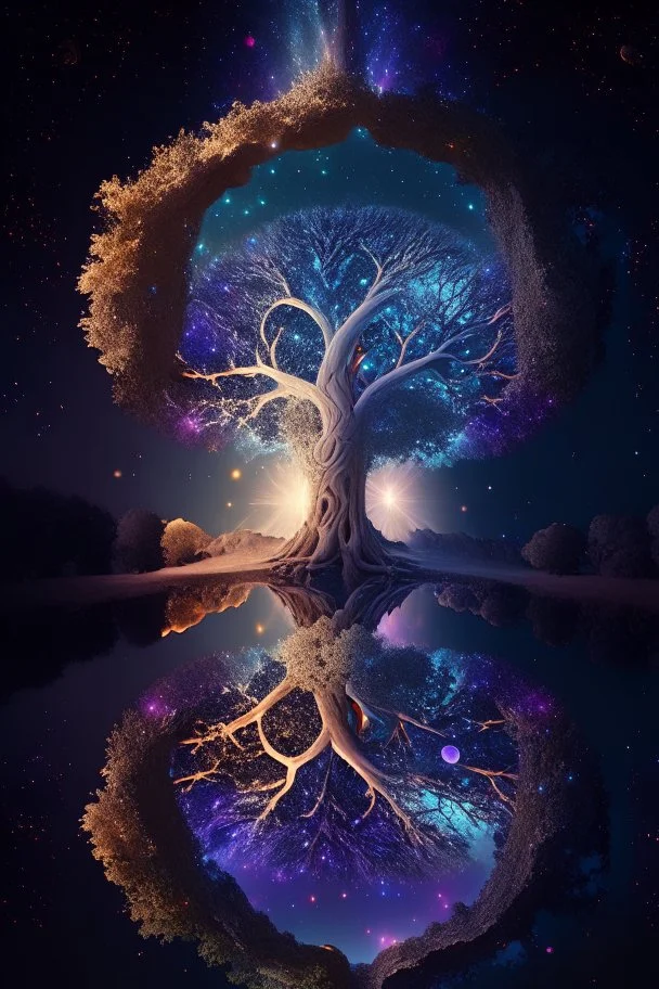 Cosmic Mirror Tree, A Spiritual Nexus Bridging Heaven, Earth, and the Universe, 4k, high resolution