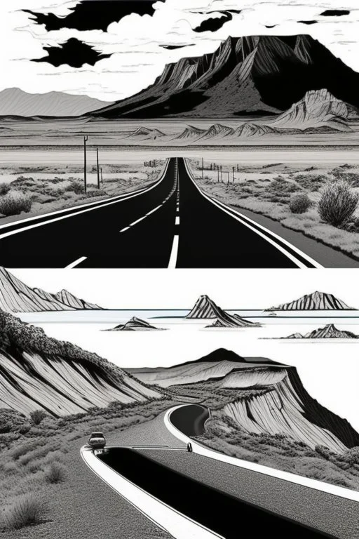 "Create a captivating line art representation of a motorhome road trip. Illustrate a motorhome cruising down a scenic highway, capturing the sense of adventure and freedom. Utilize fine lines to emphasize details like the open road, landscape, and the motorhome itself, evoking the spirit of travel and exploration."