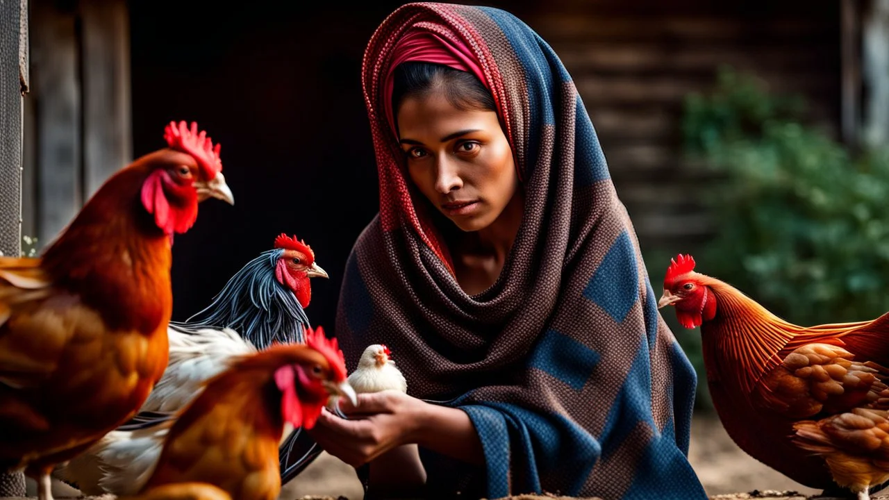 young village woman in a long village dress with a scarf on her head stands with her back to the camera, feeding chickens in the yard, Photorealistic scene, ultra detailed, high realistic, epic, perfect photo