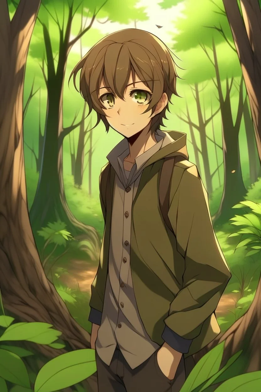 Brown haired anime boy in the woods