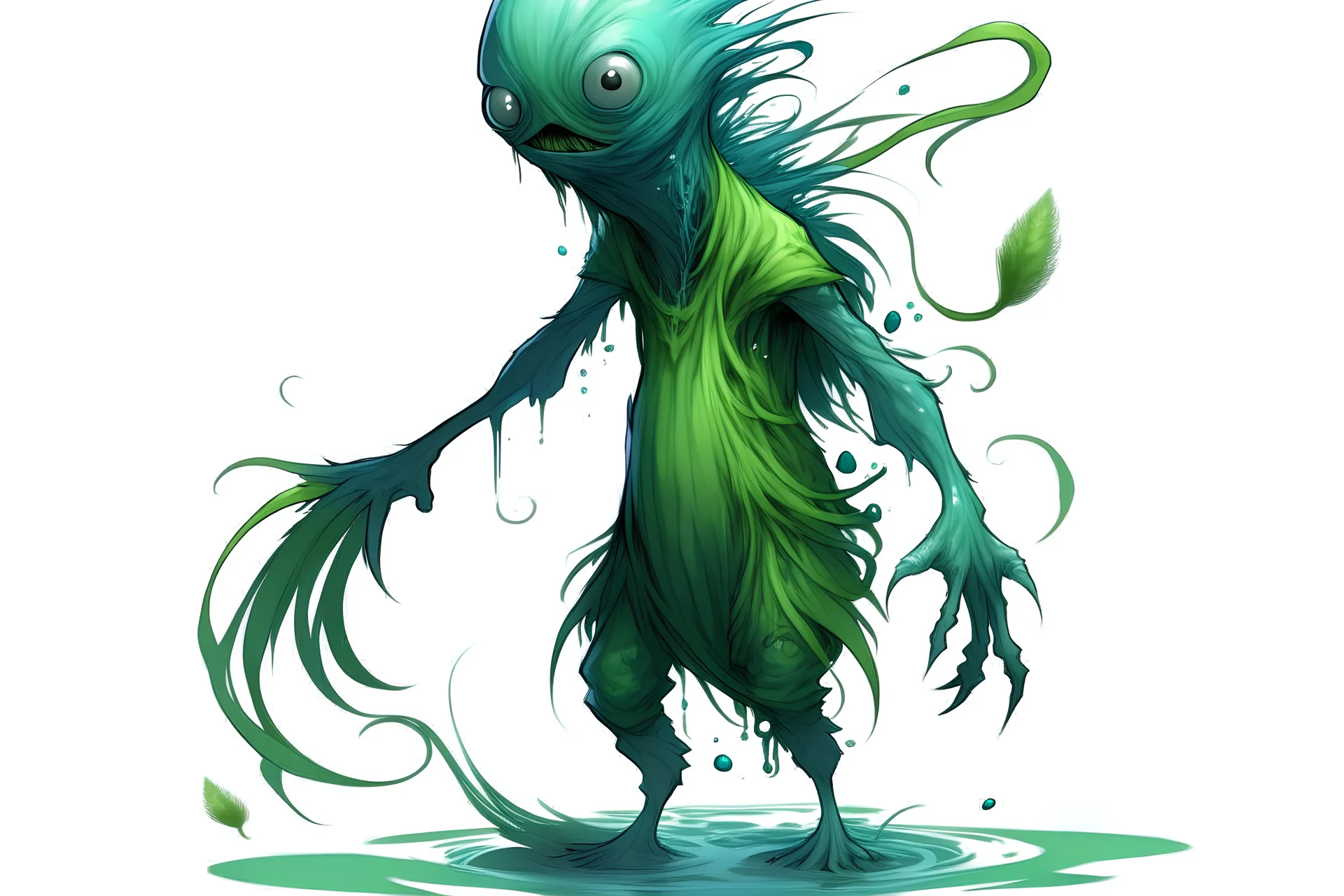 A thin humanoid water sprite with teal colored skin with goose bumps and pointed ears that look like pea pods and hair made of green seaweed and webbed hands clothed in wet slimy green sea weed like clothing