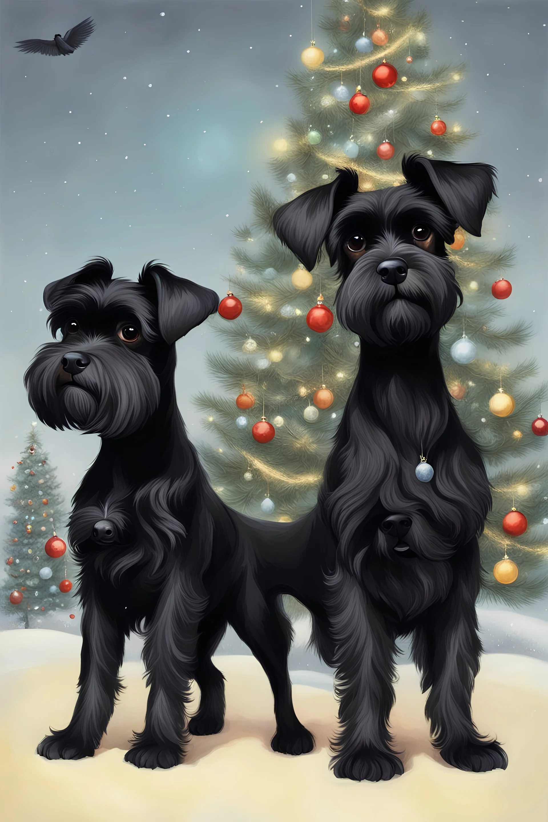 make a picture of two black schnauzers All of the dogs are black. Behind them it is a Christmas tree. Two of the same dogs have wings . And them make one more schnauzer without wings by Dali