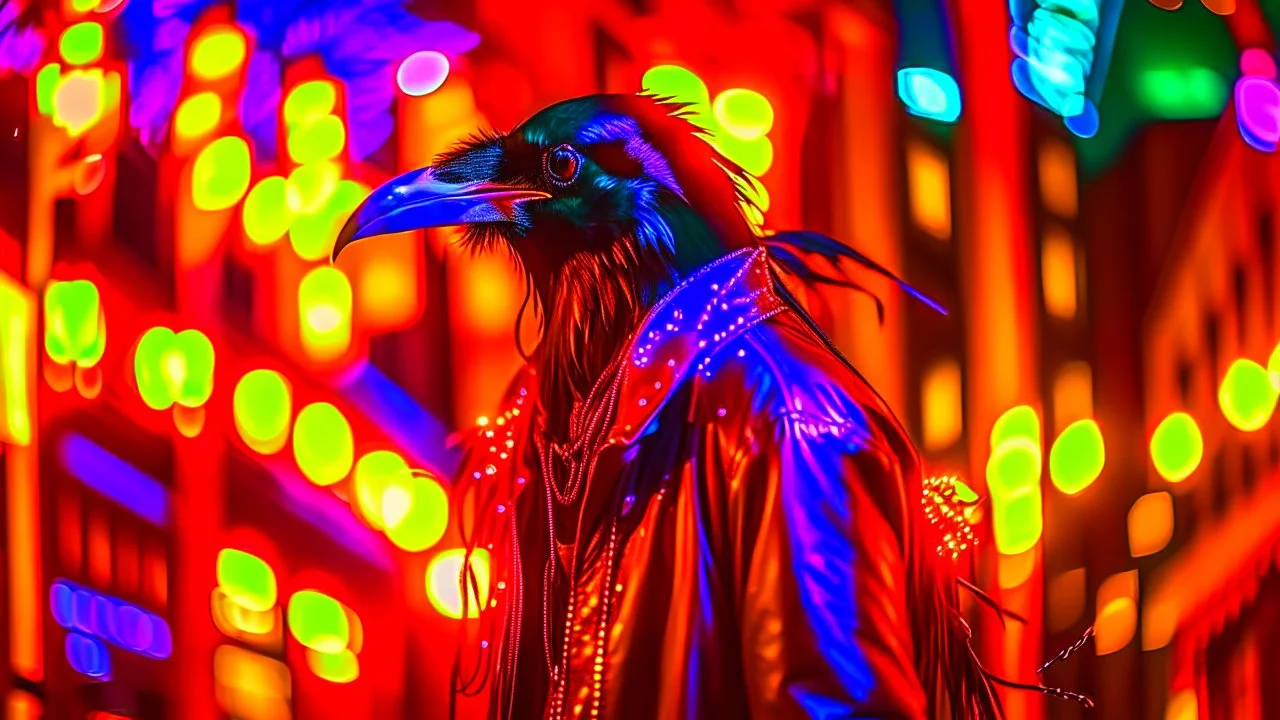 Capture a unique image of a crow adorned in a motorcycle leather coat amidst the glow of Christmas lights. Embrace a photography style that blends punk aesthetics, showcasing the edgy and unconventional fusion of the crow's attire and the festive surroundings. Ensure the composition strikes a balance between the rebellious punk vibe and the whimsy of Christmas lights, creating a visually captivating scene.