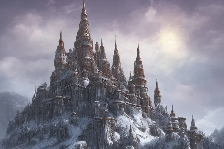 fortress like minas tirith on the side of a singular snowy mountain