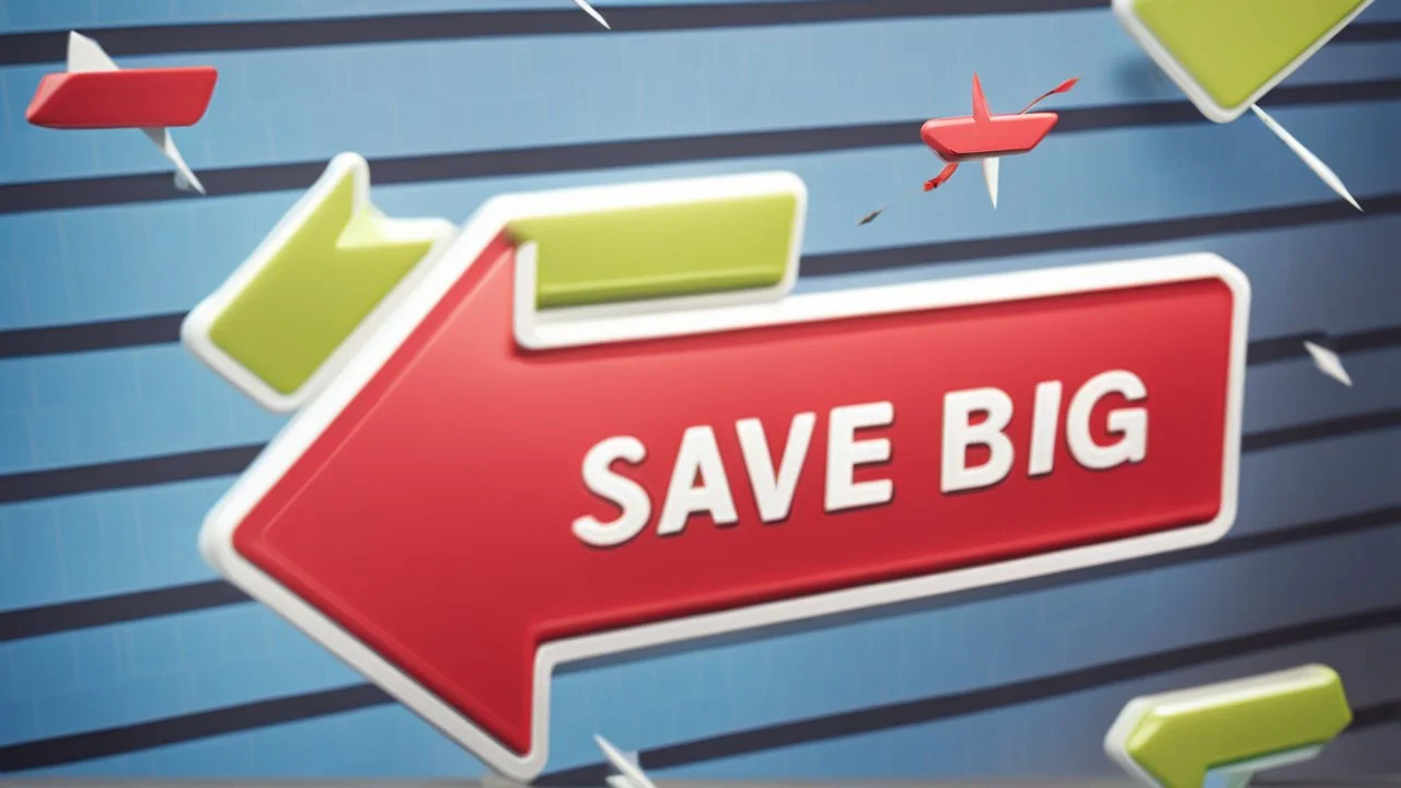 3d red arrow pointing left, background where colorful arrows racing past lice nascar. "SAVE BIG" written in front arrow