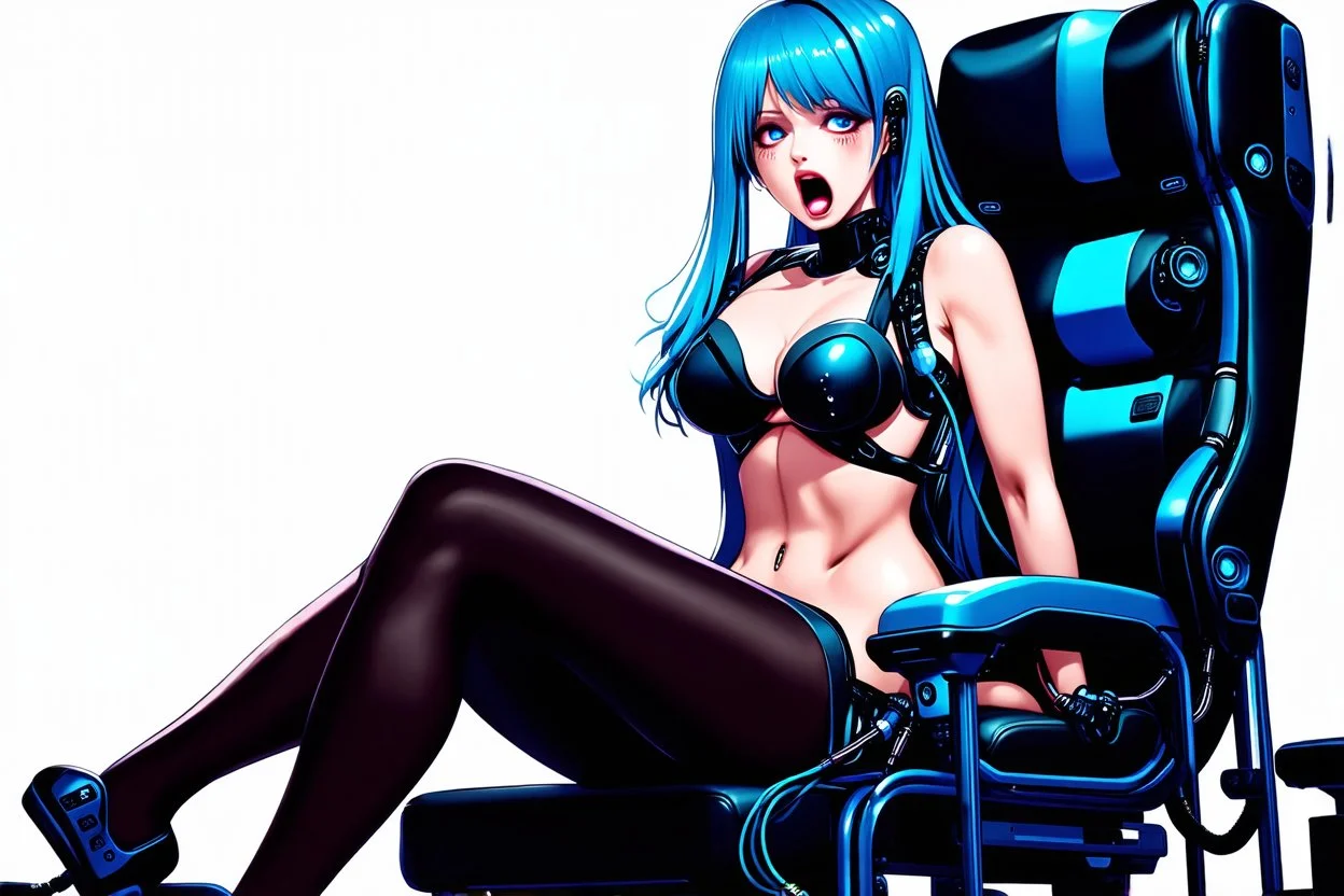 super pretty woman, serius mode, blue long haired, big bubs, great body, nice legs, shes a hybrid between human and mechanic robot, sitting on a technological chair, connected nodes and cables on body, she a little bit scared, awakening,