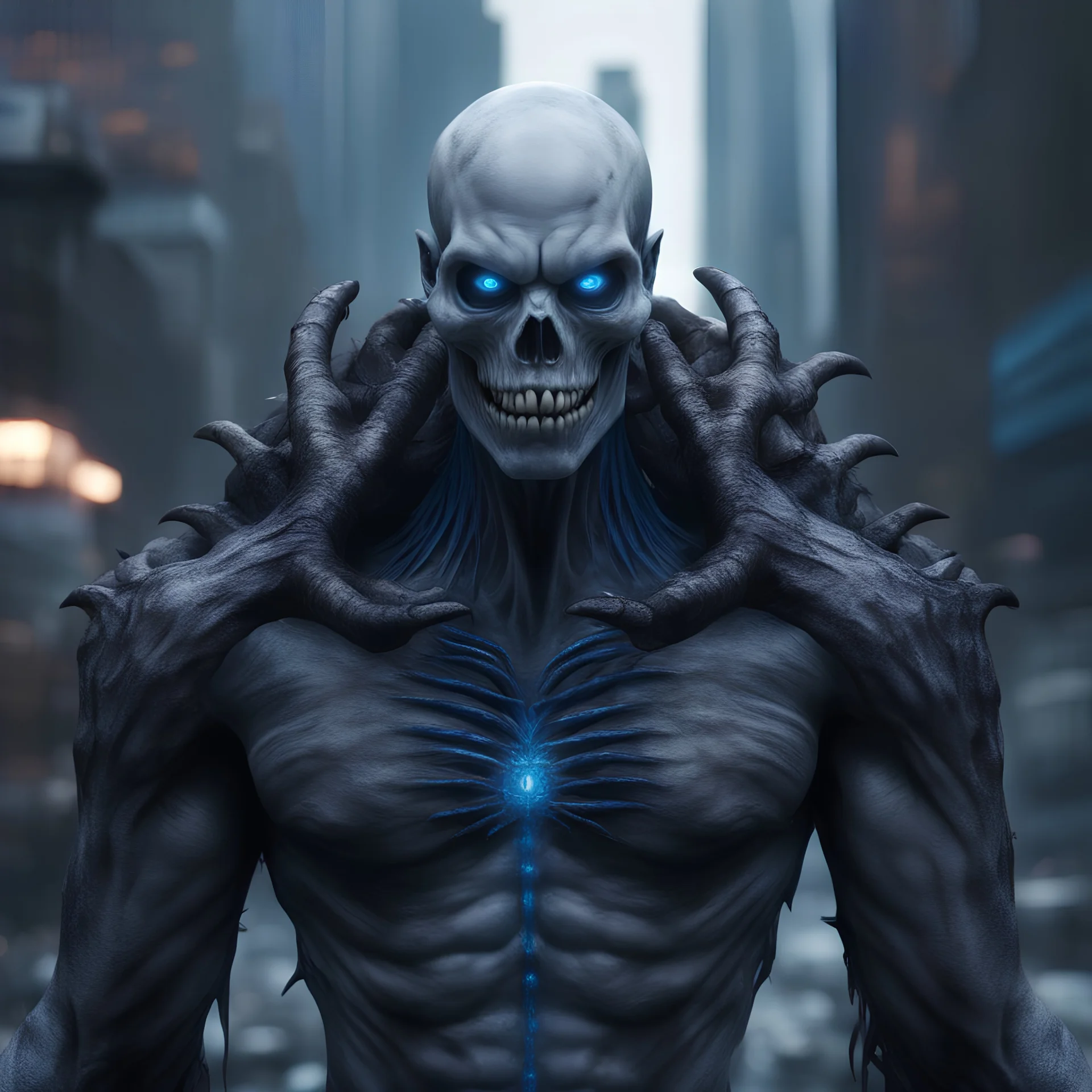 Stunning 4K hyper-realistic sci-fi image of a humanoid male monster with a white skull adorned with large sharp teeth. His black skin is mottled with bright blue neon lines and his piercing black eyes have blue pupils. The creature stands in a dramatic, cinematic setting with a mix of natural and supernatural elements, against the backdrop of the ruined city of New York, anime
