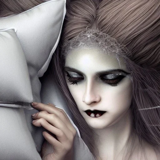 woman sleeping on satin pillow with spiderwebs on face, goth, mascara running down cheeks, 8k, high-quality, fine-detail, intricate, sharp, crisp, digital art, detailed matte, illustration, octane render, brian froud, howard lyon, Anne Dittman, Anne Stokes, Lisa Parker, Selina French