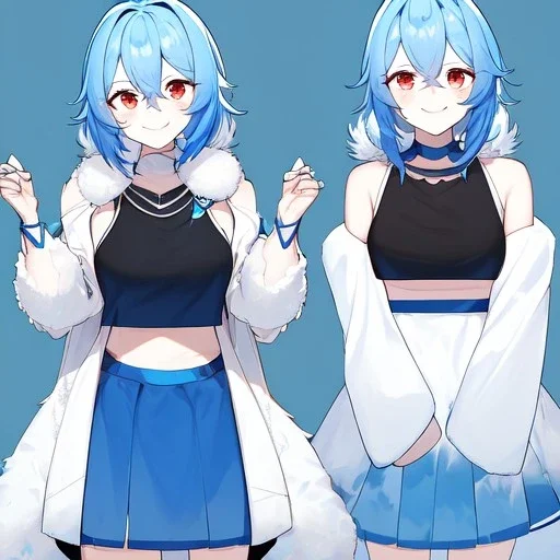 Clear focus, High resolution, rough line art, cute, cartoon, medium blue hair, hair between eyes, fluffy hair, red eyes, wearing a black sleeveless crop top, wearing a white jacket thats of her shoulders, wearing a blue skirt, cutsleeves blue strap and white color, intricately detailed outfit, smiling, 1girl, concept art all views