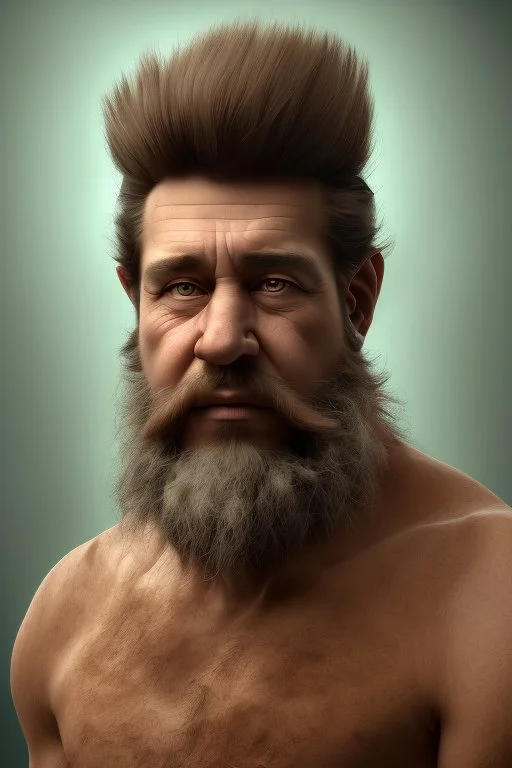 4K Ultra-HD, Hyper realistic, in the style of Caravaggio - Fred Flintstone, handsome, fair skin, tan beard stubbles, black hair, thick black eyebrows and a large nose. broad shoulders and massive arms, He wears a raggedy, deep sky blue or an aqua teal-green necktie, and a short-sleeved orange and black-spotted loincloth with a torn hemline. -- cinema lighting,