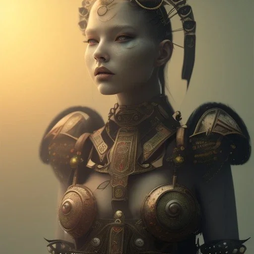 a warrior princess in samurai armor, red tattoo in the face, steam punk, scary, horror, realistic, made in octane, cinematic, movie, CGI, ultra-realistic, extremely detailed octane rendering, 8K, VRAY Super Real ar 2:3, dof photorealistic futuristic 50mm lens hard lighting dark gray tintype photograph, realistic lighting, sephia colors