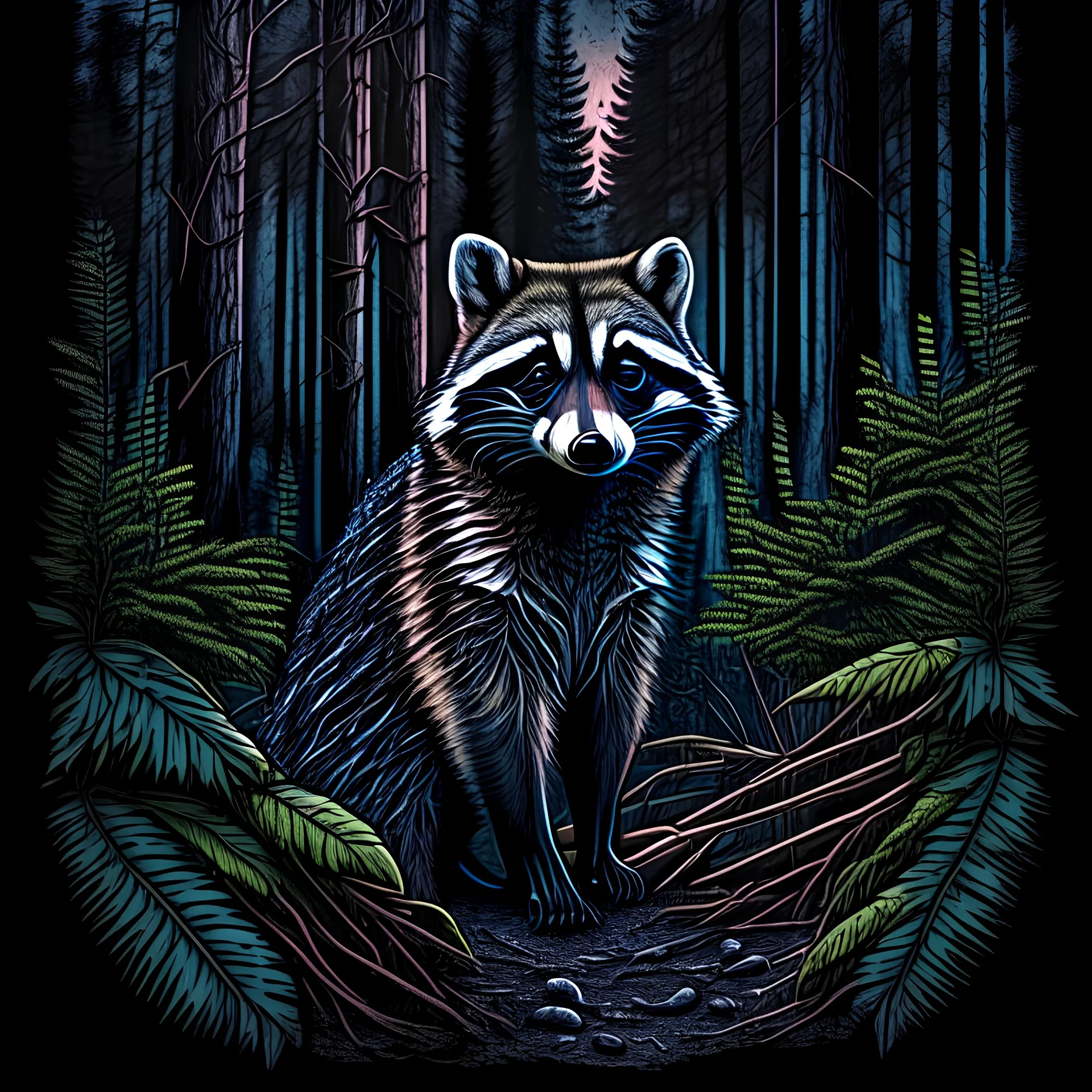 Drawing of a raccoon in the woods full body vectorized hyperdetailed 4k