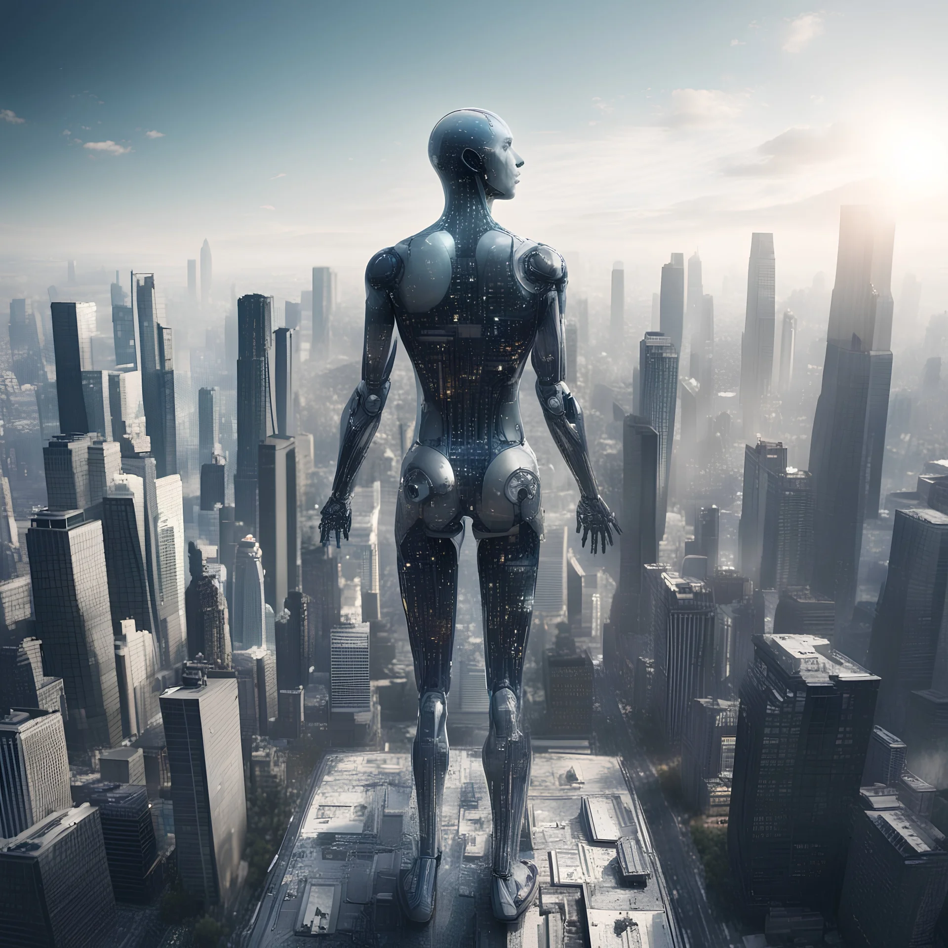 the world seen in the moment of artificial intelligence looks very like human awakening standing on the city building in high technology