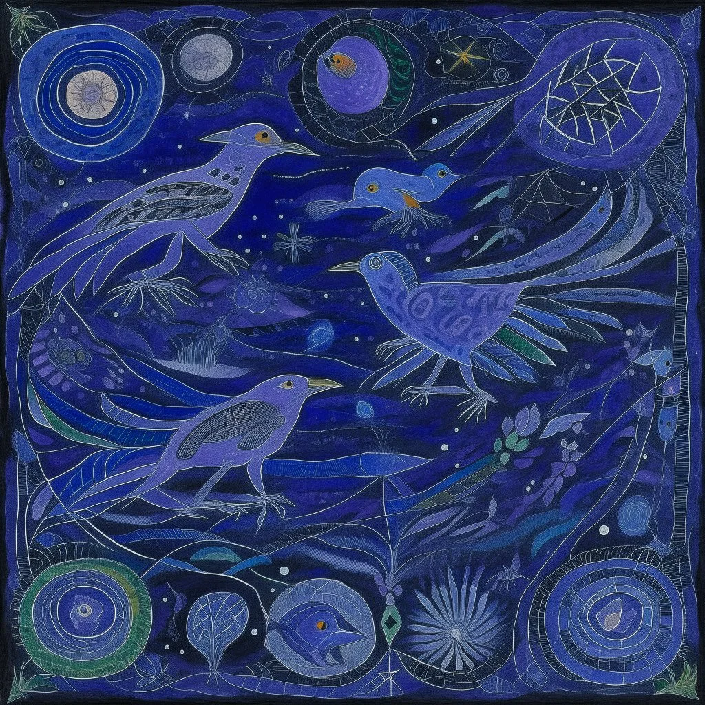 A violet outer space with alien birds designed in native American petroglyphs painted by Diego Rivera