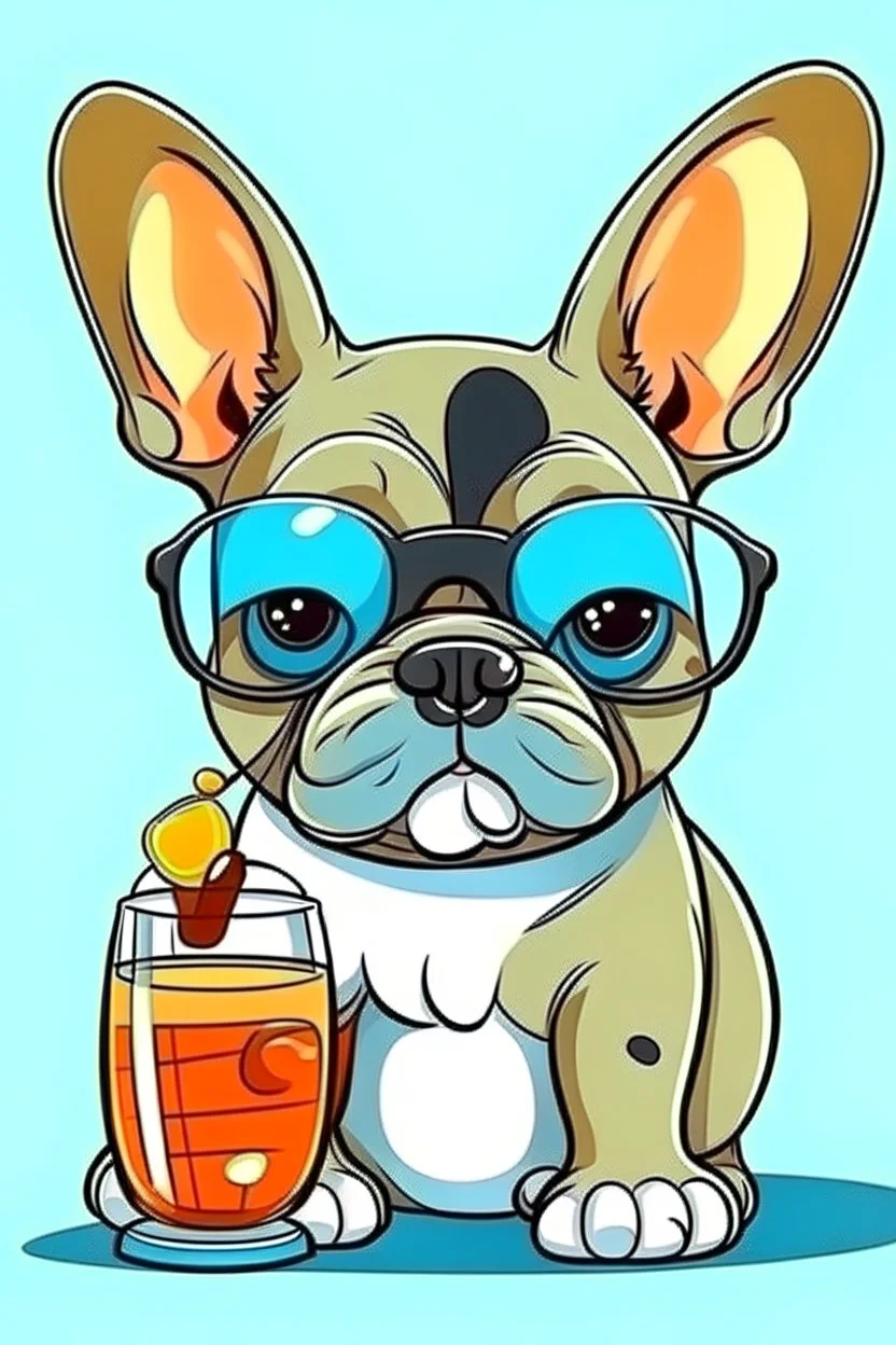 french bulldog in sunglasses drink cocktail cartoon