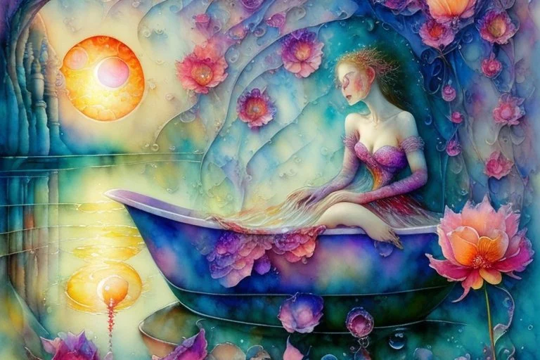 woman in bubblebath, wet on wet + sunrise, petals, watercolor patchwork by Daniel Merriam, Josephine Wall. elegant beautiful watercolor aquarelle