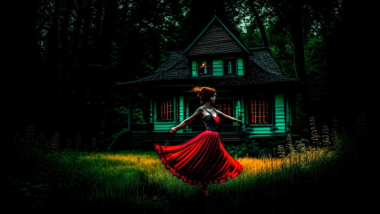 slim nymph dancing in a woodland clearing, with a gothic house behind her. vibrant colour