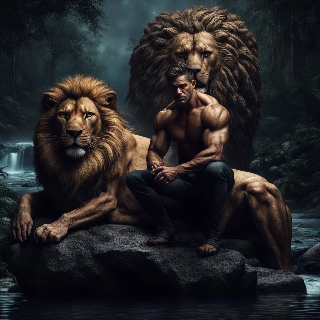 Hyper Realistic Handsome Muscular Man Sitting With a Huge-Zombified-Lion in a jungle with river-water-flow & big stones at dark rainy night showing dramatic & cinematic ambiance