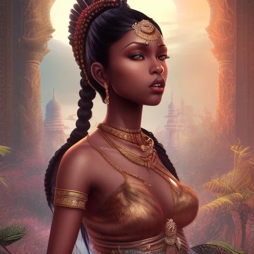 fantasy setting, insanely detailed, dark-skinned woman, indian, black hair, warrior
