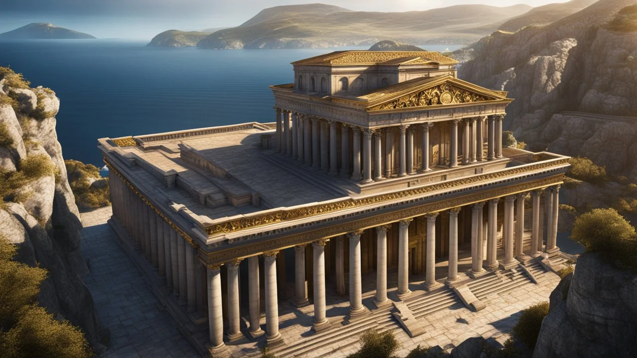 a roman city next to the ocean seen from a hill top. perfect symmetry. marble and gold. fantasy. exquisite realism, a masterpiece, dark fantasy concept art, dynamic lighting, hyperdetailed, intricately detailed, deep color, Unreal Engine, volumetric lighting