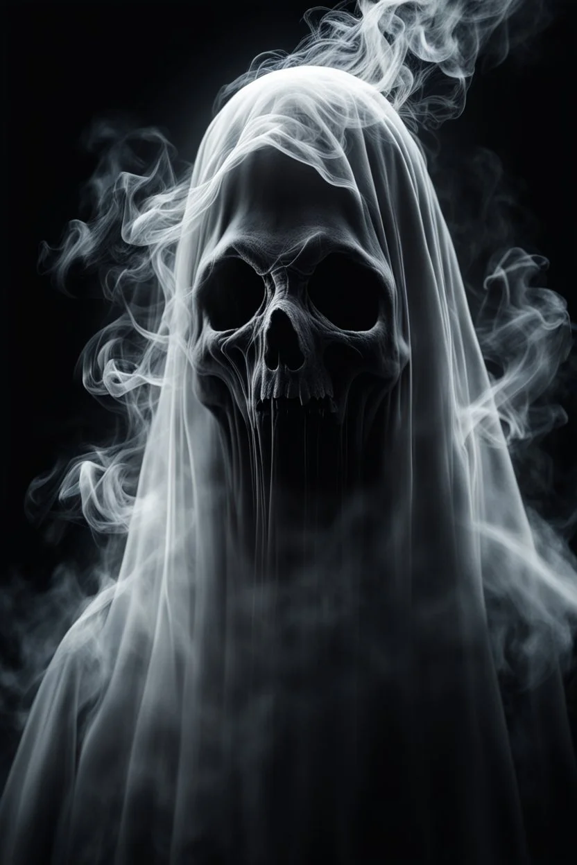 close up of a Ghost, luminated, ghost in motion, transparent white smoke, black background, ultra detailed, creepy, horror mood, sinister, surreal cinematic