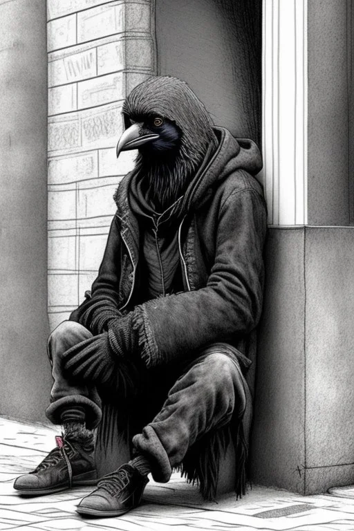 One single mature homeless crow with worn out clothes, sitting in a corner on the street, guitar standing on the left side, Vienna, mourning, perfect iris, model style, hyper realistic, extremely accurate, delicate, extremely detailed, Graphic novel style, wide-angle, open aperture, superfine pencil