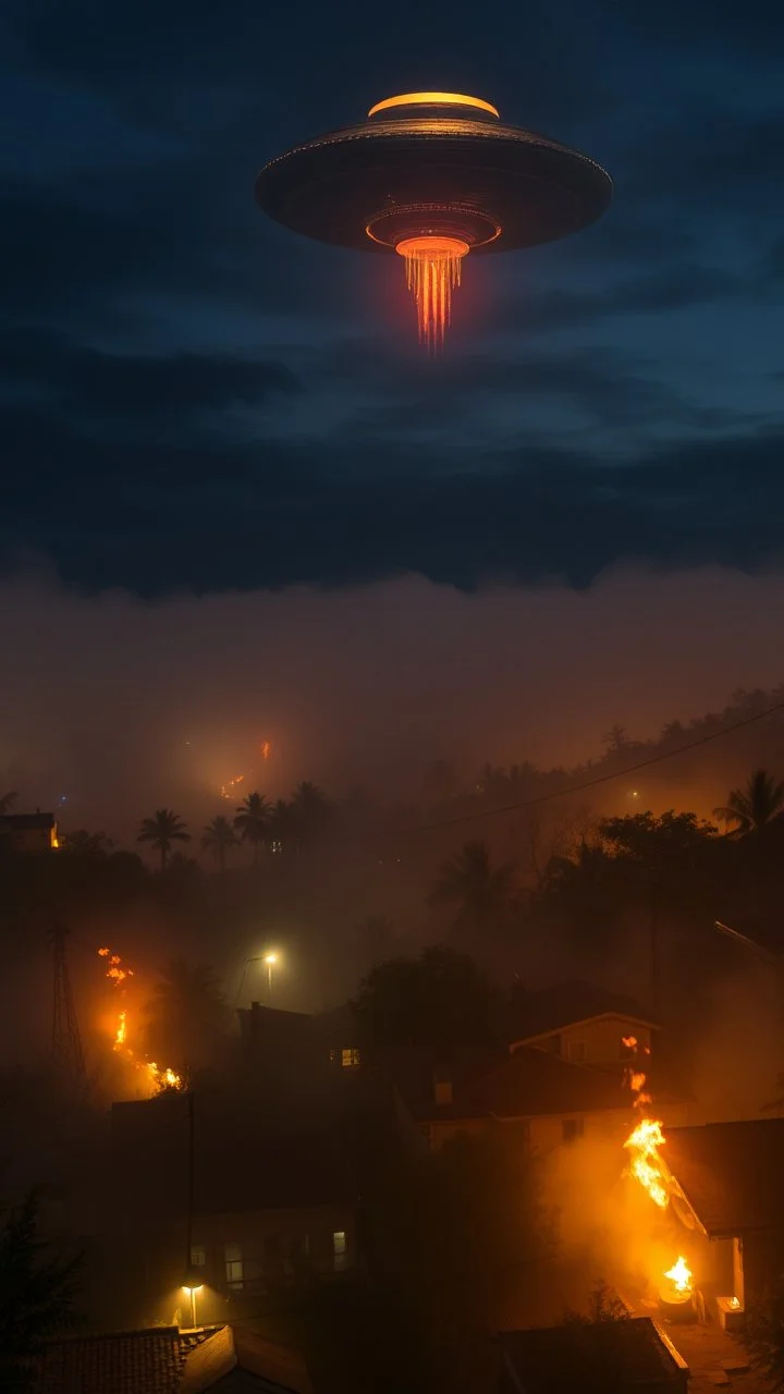 A top view of village is burning and ufo in the sky is hovering at night with foggy smoke skies