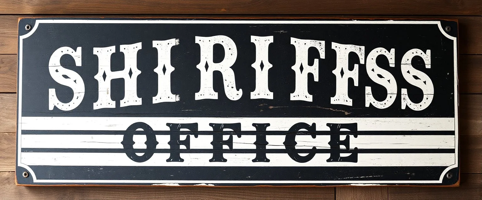 fill composition with large and wide historical hand painted old western sign that reads: "SHRIFFS OFFICE" white on black with inset white stripe boarder aged paint on wood sanserif
