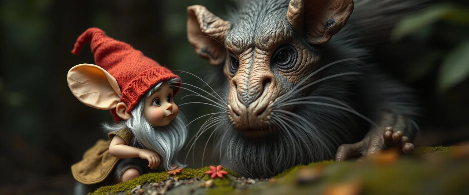 close up on pixie gnome and a giant troll intense huge funny mouse, with background motion blur, in magical forest scene, in the style of Rembrandt