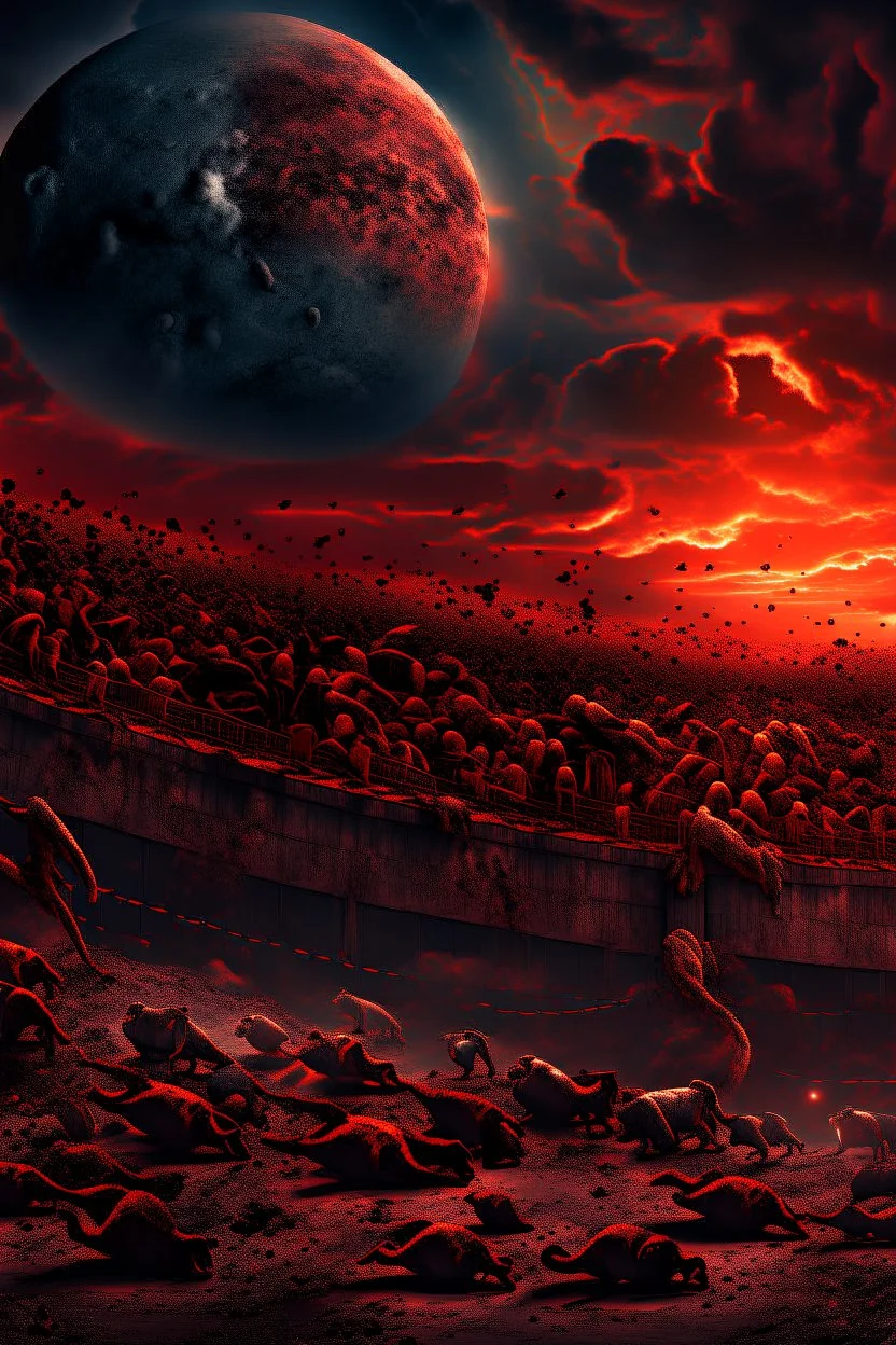 A lot of Prisoners line up in hell in front of a big wall , red clouds in the sky with huge amount of dead people laying on the ground