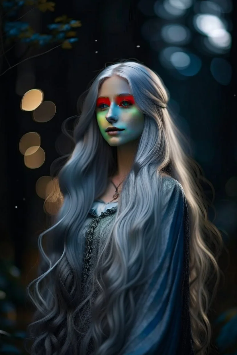 **Appearance:** Luna has pale, ethereal features with long silver hair that seems to shimmer in the moonlight. She dresses in flowing, dark-colored clothing that accentuates her mysterious aura. photo-realistic, shot on Hasselblad h6d-400c, zeiss prime lens, bokeh like f/0.8, tilt-shift lens 8k, high detail, smooth render, down-light, unreal engine 5, cinema 4d, HDR, dust effect, vivid colors, smoke