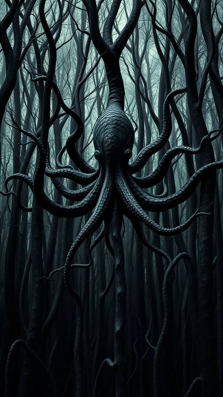 trees background of black vein, human veins, mixing together a lot of them, like a forest, big and small veins a lot of them, a black creature looks like an octopus with many arms