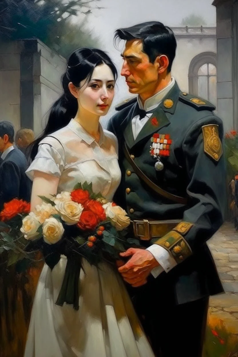 A very handsome soldier with black hair returns from the war and finds in front of him the wedding of his lover Oil painting