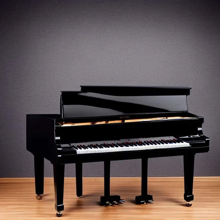 Grand piano on wooden floor, black background