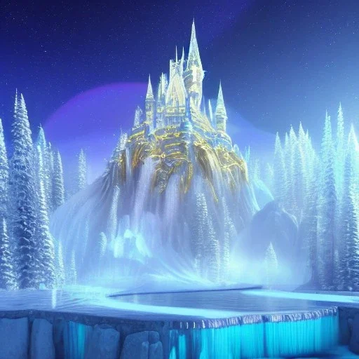 castello di cristallo bianco e oro ， cascata, diamanti, aurora boreale, ice and snow, blue and white, sole liscio e luminoso ， atmosfera di luce soffusa, effetto luce ， vaporwave colorato, concept art, dettaglio liscio ed estremamente nitido, dettaglio finemente regolato, altissima definizione , 8 k, motore irreale 5, messa a fuoco ultra nitida