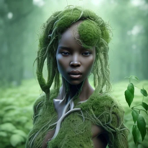 Octane render. Ultra realistic photo .the face of A young black woman. A wood nymph emerging from the forest. Her hair looks like vines. Dreadlocs. Her skin is the colour of dark soil. Her skin looks like tree bark. Her clothing is made of vines, grass and leaves.