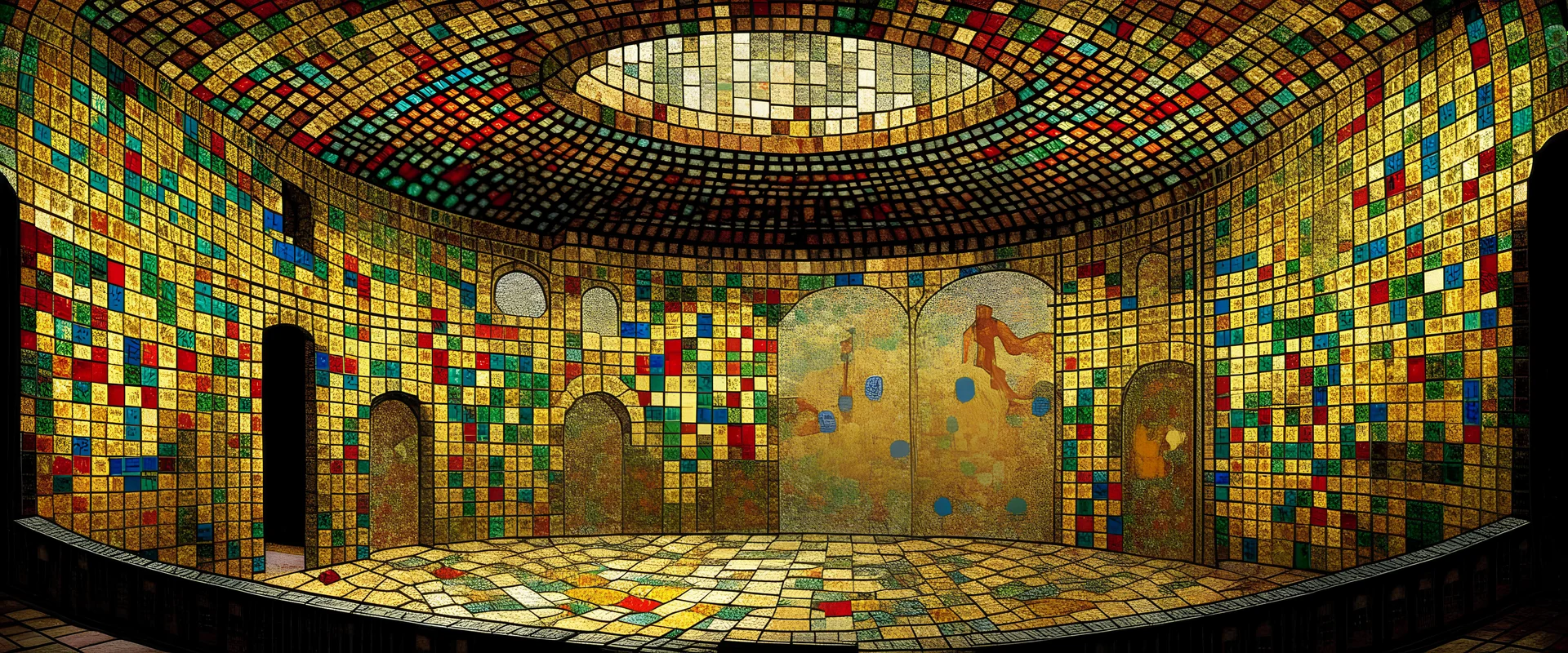 A coliseum with Roman mosaic pottery painted by Gustav Klimt