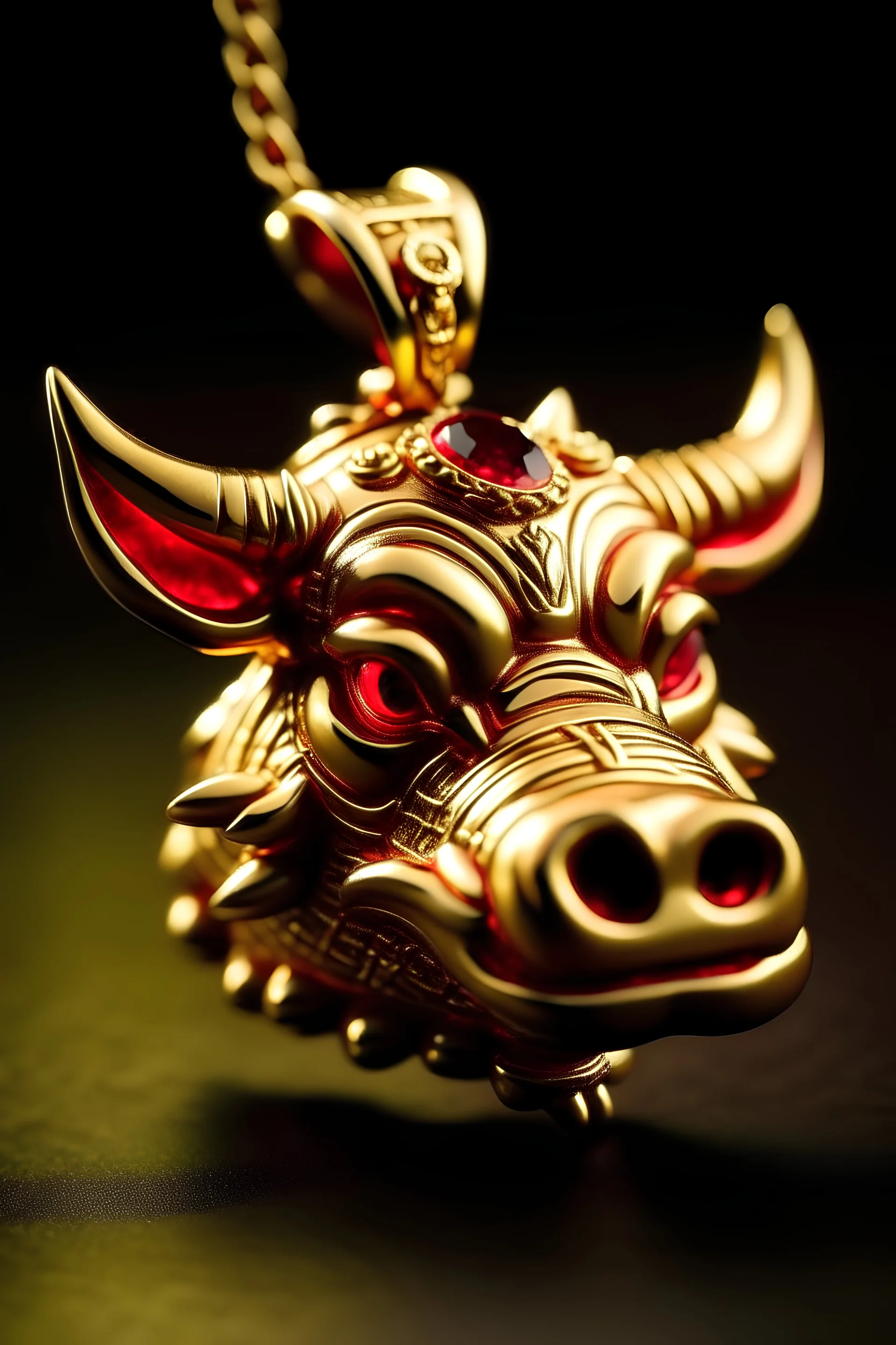 A pendant for a necklace, big Pumbaa from the lion king with big tusks in gold, eyes made of ruby