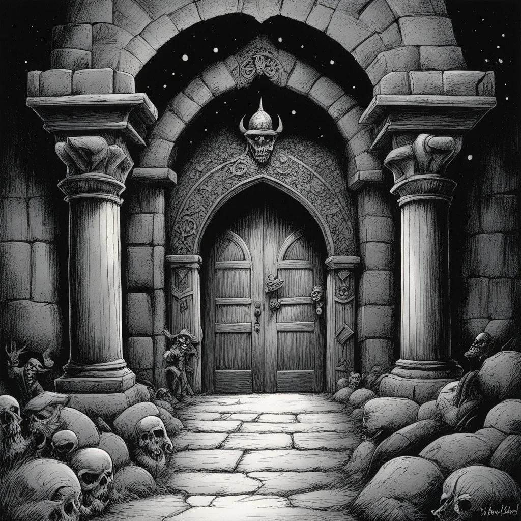 [art by Jack Davis] in the world of Darkness Has Many Doorways, where Hell is paved with good intentions, there exists a realm shrouded in mystery and fear. It is a place where the line between reality and fantasy blurs, where nightmares take form and darkness reigns supreme. a fortress of black stone and shadowy secrets: within its walls, the most powerful sorcerers and warlocks gather, their intentions as murky as the depths of the abyss.