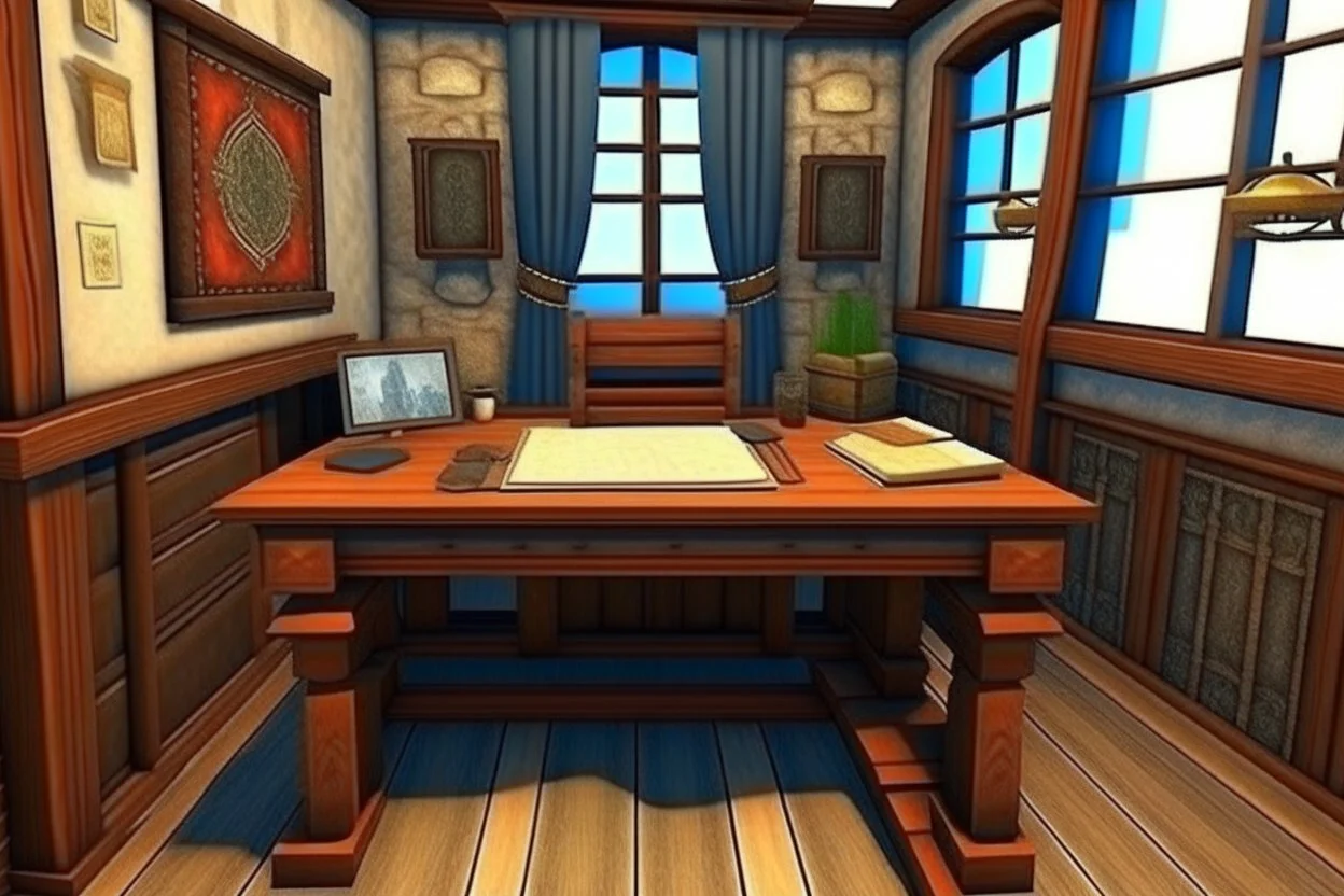 Fantasy medieval study room with desk front view